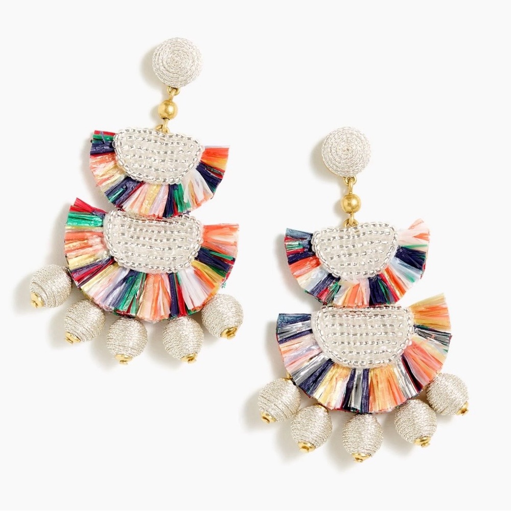 J. Crew Multicolor Silver Beaded and Raffia Drop Earrings NWT